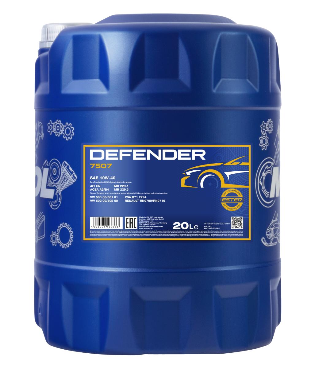 7507-020 масло мот.п/синт. Defender 10W40 (20л) MANNOL; API SN, ACEA A3/B4