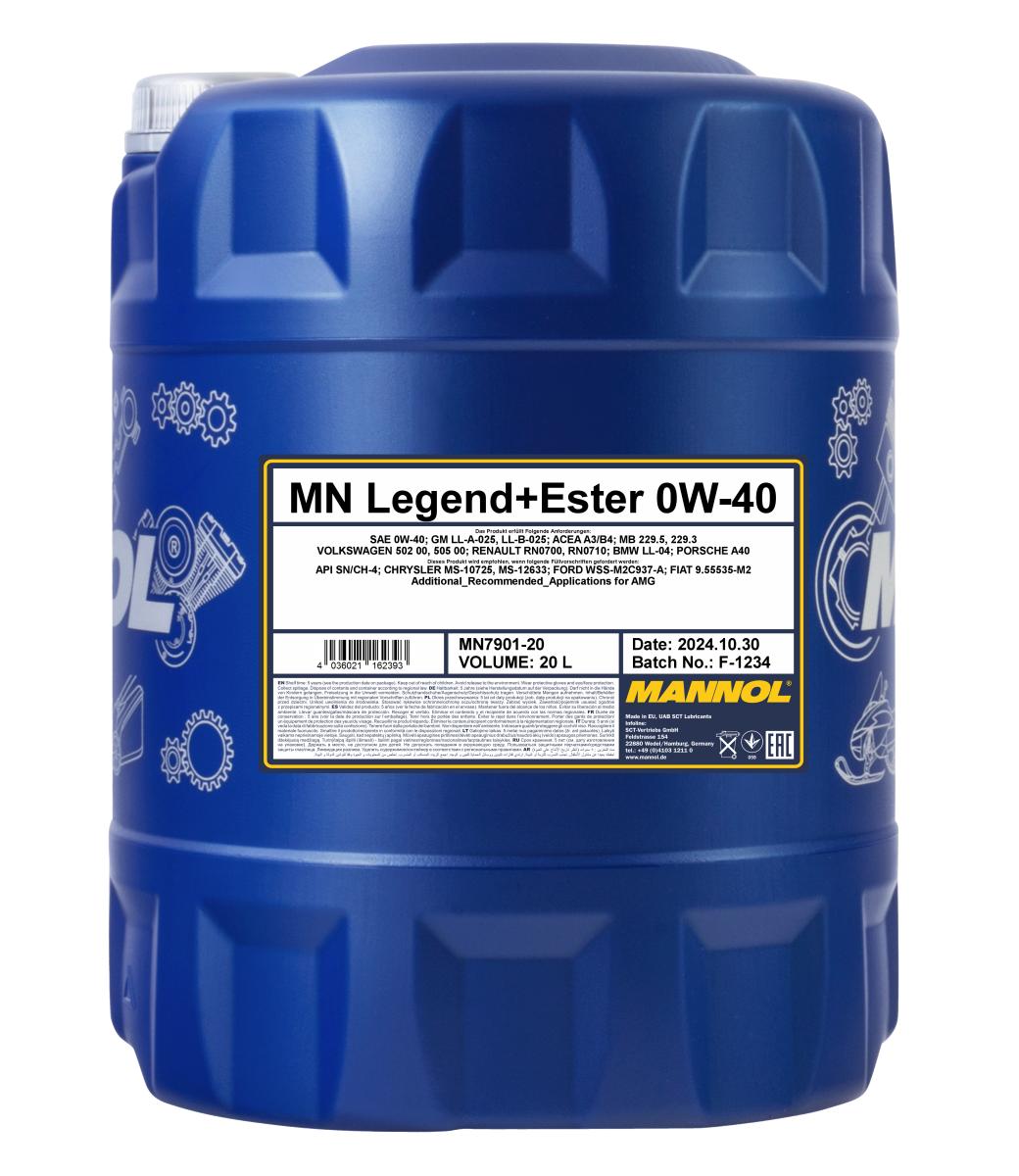 7901-020 масло мот.синт. Legend + Ester 0W-40  (20л) MANNOL; API SN/CH-4, ACEA A3/B4