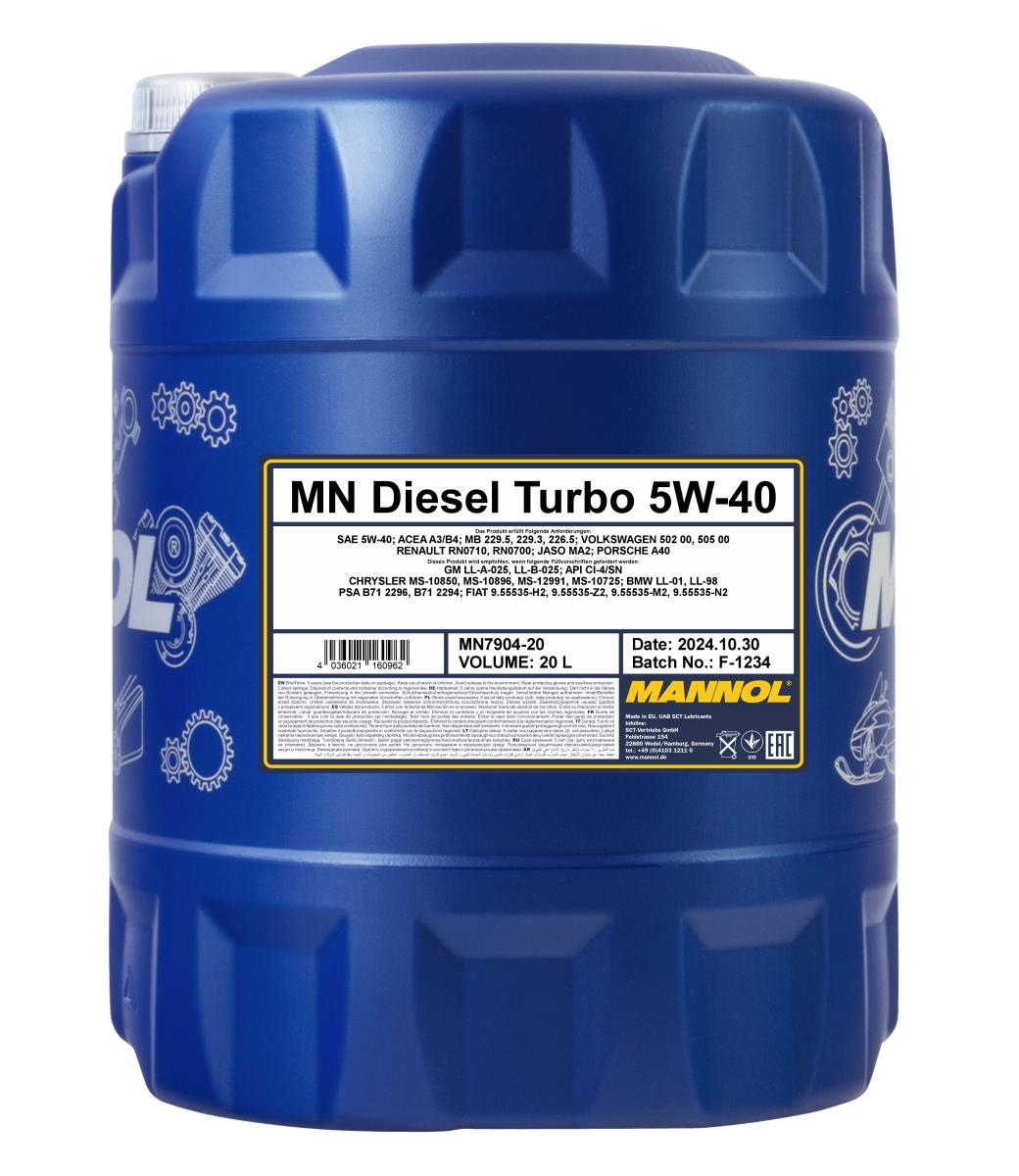 7904-020 масло мот.синт. Diesel Turbo 5W/40 (20л) MANNOL; API CI-4/SN, ACEA A3/B4