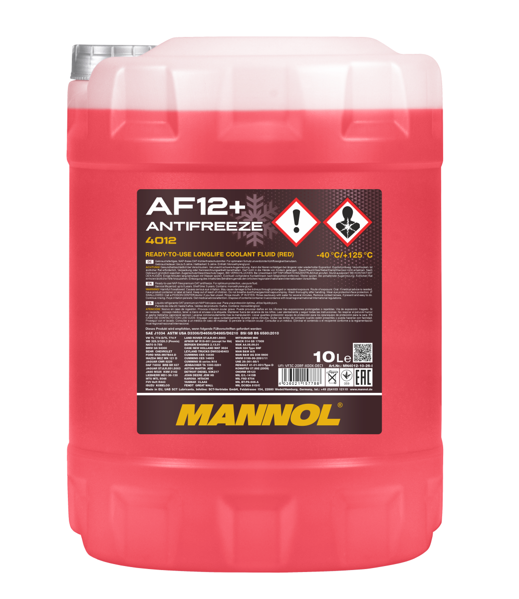 Антифриз красный AF12+ (-40°C) Longlife (10л) MANNOL 4012
