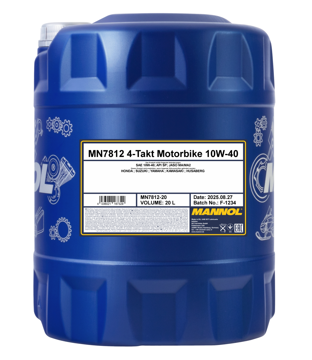 7812-020 масло мот.синт. для мотоциклов 4-Takt Motorbike 10W40 (20л) MANNOL; API SL JASO MA/MA2